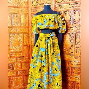 Women’s Ankara African Tribal Print Two Piece Skirt Set & Head Wrap. NWT